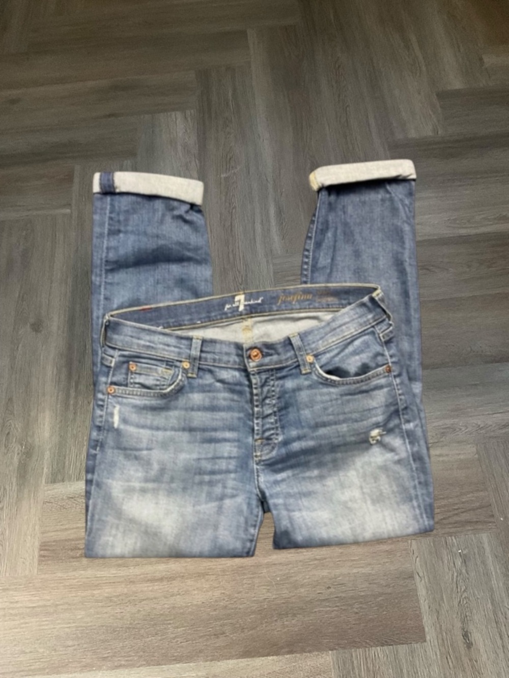 7 For All Mankind Josefina Skinny Boyfriend Distressed Jeans Womens 27 Blue Boho